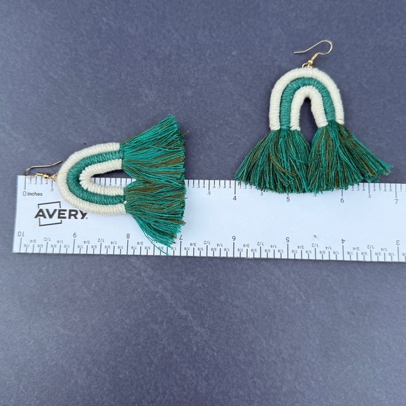Macrame Woven Rainbow Tassel Earrings in Teal Green and White - Picture 8 of 10